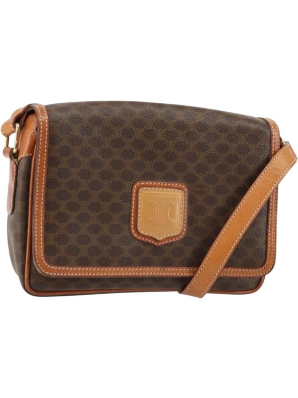 CELINE Macadam Canvas Shoulder Bag PVC Leather Brown Gold